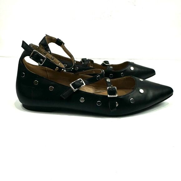 Topshop Women's Black Silver Studded Pointy Toe Strappy Flats Sz 5/38 - Picture 3 of 13